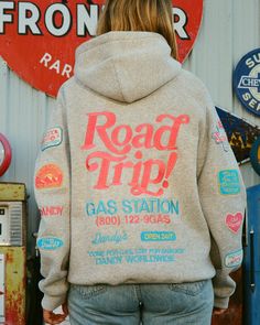 "Road Trip!" Oversized Lux Hoodie in Dark Heather Watch The Sunset, Sweatpants Set, Warm Hug, Pinterest Board, Gas Station, The Sunset, Dandy, Heathers, Road Trip