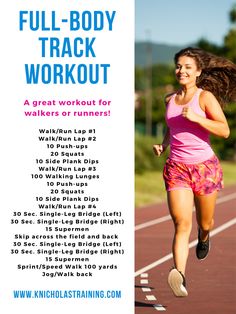 a woman running on a track with the words full body workout