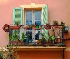 an apartment balcony with potted plants on the balconies and green shutters