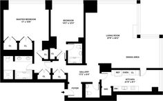 the floor plan for an apartment in new york city, with one bedroom and two bathrooms