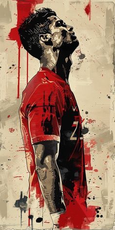 a painting of a soccer player in red and black