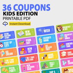 "Printable Kids Reward Coupon Book for kids they are such an easy parenting tool.  They can be used as gifts, rewards, and pick-me-ups on bad days. Nothing physical will be mailed it is a DIGITAL product ✿ What you'll get  - 1 PDF file with Coupon cards A4 size. - 1 PDF file with Coupon cards Letter size. - 1 PDF file with 12 empty coupons to fill in by hand. - Full printable sheet size A4 this file is 8.3 x 11.7 inches(210mm x 297mm) for easy use on a home printer! ✿ How it works Step 1: After Coupon Book For Kids, Student Reward Coupons, Kids Coupons, Reward Tickets, Preschool Number Worksheets, Student Rewards, Behavior Rewards, Kids Rewards, Numbers Kindergarten