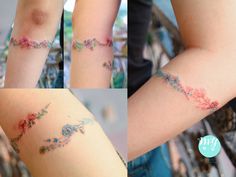 four pictures of different tattoos on the arms and legs, with flowers all over them