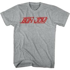 "Bon Jovi Men's T-Shirt by American Classics New Jersey's finest since Runaway in 1983. Prolific hitmakers for 3 decades and performed more than 2,700 concerts in over 50 countries for more than 34 million fans... Oh and they're still going! From Slippery When Wet to Have a Nice Day til now, they have us all Livin' on a Prayer. Modern rock legends, this cool Bon Jovi graphic t-shirt is timeless as well as vintage looking - Jon would approve. What's included: Graphite Gray Heather printed t-shirt Affordable Red T-shirt With Band Logo, Motley Crue Logo, Rock Band Logos, Bed Of Roses, Glam Metal, Tour Merch, Motley Crue, Mötley Crüe, Disney Stars