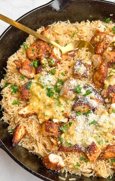 a skillet filled with rice and meat covered in sauce, garnished with parmesan cheese