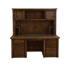 a wooden desk with two drawers and a bookcase on it's top, against a white background