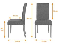 two chairs with measurements for each chair and the seat upholstered in grey fabric