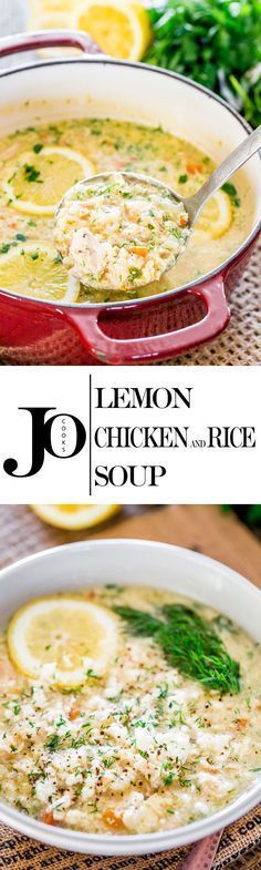 lemon chicken and rice soup in a red bowl