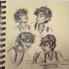 three different sketches of the same boy and girl, one is looking at something in his hand