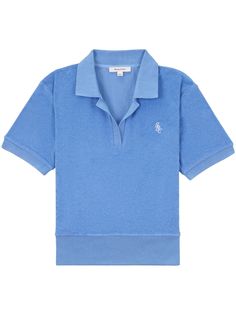 blue cotton textured finish embroidered logo at the chest polo collar short sleeves elasticated cuffs straight hem When buying this unisex item, keep in mind that it is graded in standard men's sizing. Sporty And Rich Shirt, Blue Cotton Polo Shirt With Embroidered Logo, Blue Casual Polo Sweater With Polo Collar, Blue Casual Polo Sweater, Casual Blue Polo Sweater With Collared Neckline, Blue Short Sleeve Cotton Polo Sweater, Blue Casual Polo Shirt With Embroidered Logo, Blue Collared Polo Shirt With Embroidered Logo, Blue Johnny Collar Polo Shirt For Summer