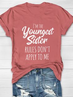 Product Name I'm The Youngest Sister Rules Don't Apply To Me Printed Crew Neck Women's T-shirt SPU 10222592 Gender Women Occasion Casual Material Cotton Please Note: All dimensions are measured manually with a deviation of 1 to 3CM SIZE BUST SHOULDER LENGTH SLEEVE IN CM IN CM IN CM IN CM S 40.2 102 15.4 39 28.3 72 6.9 17.5 M 41.7 106 15.8 40 28.3 72 7.1 18 L 43.3 110 16.1 41 28.9 73.5 7.3 18.5 XL 45.7 116 16.8 42.5 28.9 73.5 7.5 19 2XL 48 122 17.3 44 29.5 75 7.7 19.5 3XL 50.4 128 17.9 45.5 29.5 Red T-shirt With Funny Text For Summer, Funny Red Tops With Letter Print, Red Funny Tops With Letter Print, Red Slogan T-shirt With Relaxed Fit, Red Slogan T-shirt Relaxed Fit, Red Crew Neck Top With Funny Print, Relaxed Fit Red Slogan T-shirt, Red Relaxed Fit Slogan T-shirt, Funny Red Crew Neck Top