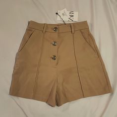 Brand New With Tags Size Xs Trendy Beige Shorts For Workwear, Trendy Beige Workwear Shorts, Brown Shorts For Summer Workwear, Brown Summer Workwear Shorts, Trendy Brown Shorts For Workwear, Chic High Waist Brown Shorts, Trendy Brown Workwear Shorts, Zara High-waisted Shorts, Zara High-waisted Beige Shorts