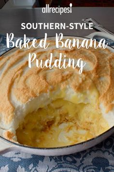 southern - style baked banana pudding in a cast iron skillet with text overlay