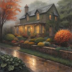 a painting of a house in the rain