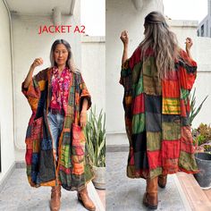 Casual Patchwork Kimono For Fall, Casual Multicolor Patchwork Kimono, Patchwork Cotton Kimono For Fall, Fall Patchwork Long Kimono, Fall Cotton Patchwork Kimono, Long Patchwork Outerwear For Festival, Vintage Multicolor Patchwork Kimono, Multicolor Cotton Patchwork Kimono, Vintage Long Kimono With Patchwork