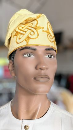 Dupsie's Gbadun Cream Nigerian African Cream and Gold Embroidered Aso Oke Handwoven Fila Kufi Cap Hat DPHACG3 Gold Embroidered Cap Hat, Gold Embroidered Cap, Embroidered Gold Cap Hat, Kufi Cap, Cap Png, African Dashiki Shirt, African Hat, African Tops For Women, African Pants