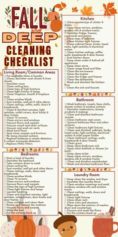 a fall peep cleaning checklist with pumpkins and leaves on the bottom,