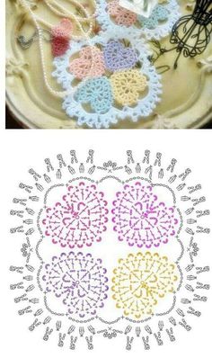 crocheted doily is shown on a plate and next to an image of the same doily