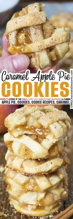 caramel apple pie cookies stacked on top of each other