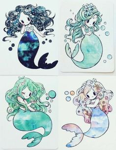 four mermaid stickers with different designs on them