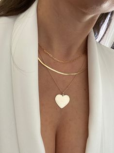 "- Heart pendant size: 25x22mm - Chain length: Choose from 16\", 18\", 20\" and 22\" - Lobster clasp - Material: 14 yellow gold" Tarnish Resistant Heart Pendant Necklace For Wedding, 14k Gold Necklace With Heart Charm And Cut, 14k Gold Pendant Necklace For Valentine's Day, Valentine's Day 14k Gold Pendant Necklace, Gold Plated Heart Pendant Necklace Tarnish Resistant, Tarnish Resistant Heart Shaped Sterling Silver Necklace, Elegant Heart-shaped Large Pendant Jewelry, Classic Jewelry With Clavicle Chain And Heart Pendant, Classic Heart Pendant Clavicle Chain Jewelry