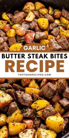 garlic butter steak bites recipe in a skillet