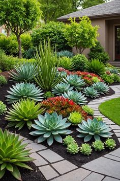 a garden filled with lots of green plants next to a house on a sunny day