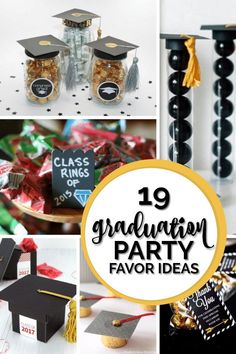 graduation party favors and decorations with the words 19 graduation party favors in black and gold