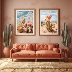 two paintings on the wall above a couch in a living room with cacti