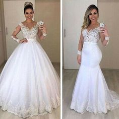 two pictures of the same woman in wedding dresses, one is holding a cell phone