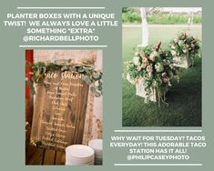 an advertisement for a wedding with flowers and greenery on the table, next to a wooden sign