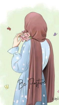 a woman with long hair wearing a hijab and holding flowers in her hand