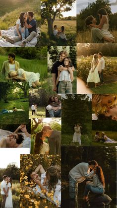 a collage of people sitting and standing in the grass