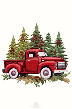 an old red truck is parked in front of some pine trees with berries on it