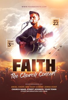 the church concert flyer is shown with an image of a man playing guitar and singing