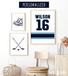 a hockey jersey hangs on the wall above a chair