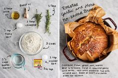 two pictures showing how to make bread in the oven and baking ingredients on the counter