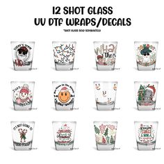 twelve shot glasses with christmas designs on them and the words 12 shot glass u / ute wraps / decals