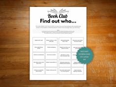 a book club find out who poster on a wooden table