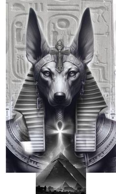 an egyptian dog is shown in this black and white photo with the pyramids behind it