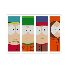 the characters from south park are depicted in this cartoon sticker, which features four different faces