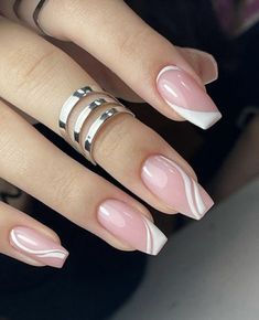 Light Pink Nail Art Design, Light Pink Nails With White French Tip, Light Pink And White Nail Designs, Pink Nails With White Lines, Nail Inspo Pink And White, White And Light Pink Nails, Light Pink And White Nails, Baby Pink Nails Design, Baby Pink Nail Designs