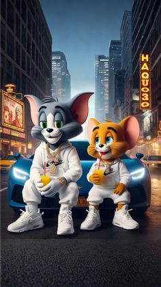 two cartoon mice sitting on top of a car in the middle of a city at night