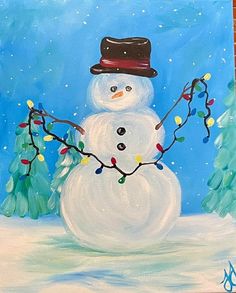 a painting of a snowman wearing a top hat and holding a branch with christmas lights