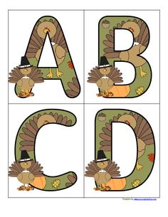 the letters are made up of turkeys and pumpkins with hats on their heads