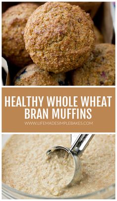 healthy whole wheat bran muffins in a glass bowl with the title above it