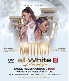 the flyer for motivva all - white party with two women in gold dresses