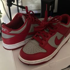 Grey & Red Nike Dunk Lows Fits About 7.5/8 In Women’s Nike Low Dunk, Nike Dunk Lows, Dunk Lows, Low Dunks, Men Nike, Red Nike, Nike Dunk Low, Dunk Low, Nike Dunk