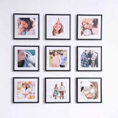 six black and white photos hanging on the wall with multiple frames around them, all displaying family pictures