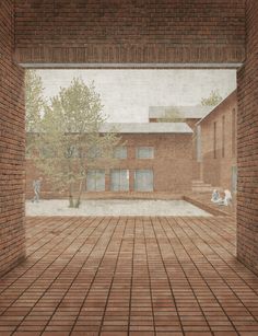 an empty room with brick walls and trees in the center, looking out onto a courtyard